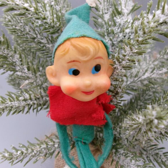 Vintage Green Red Knee Hugger Elf Ornament, Christmas Tree Trimming - Picture 2 of 7